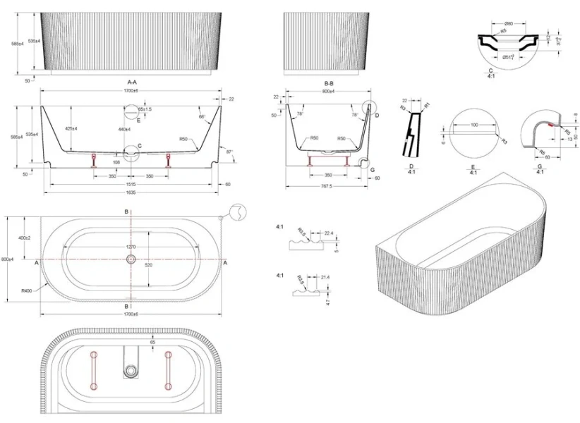 Ванна акриловая Vincea VBT-706-1700, 170 x 80 см, белая (детальная фотография), акриловые