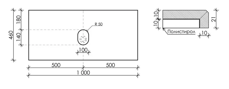 Столешница Sancos 100 см без отверстия под смеситель kreman TT100A2 (детальная фотография), по запросу