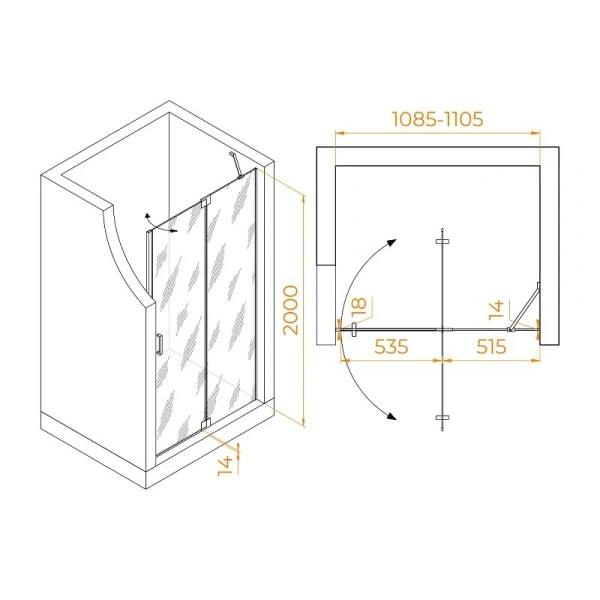 Душевая дверь в нишу RGW Hotel HO-014Gr 110 см профиль серый, стекло матовое 350601411-210 (детальная фотография), современные, hi-tech