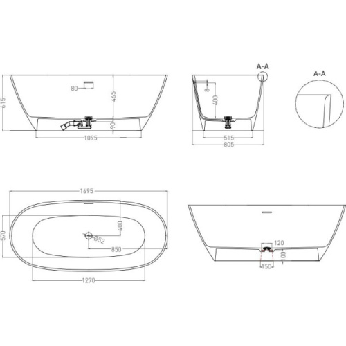 Ванна из искусственного камня Salini Sofia 170x80 см отдельностоящая, белая матовая 102526M (детальная фотография), 170x80 см