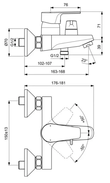 Смеситель для ванны Ideal Standard Cerafine D настенный BC494AA (детальная фотография), для ванны