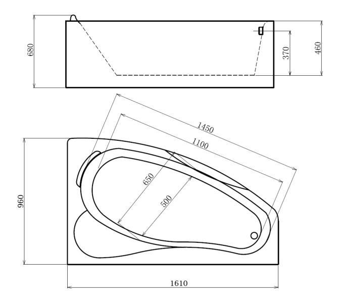 Схема (детальная фотография), с гидромассажем, со смесителем на борту, большие, глубокие