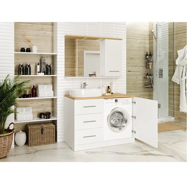 Тумба под раковину напольная Misty Респект 110 см белая/дуб артизан левая Э-Рес01110-13ЯЛ (детальная фотография), 110 см