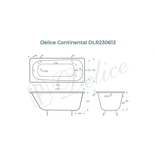 Ванна чугунная Delice Continental 170x70 белая DLR230613 (детальная фотография), чугунные