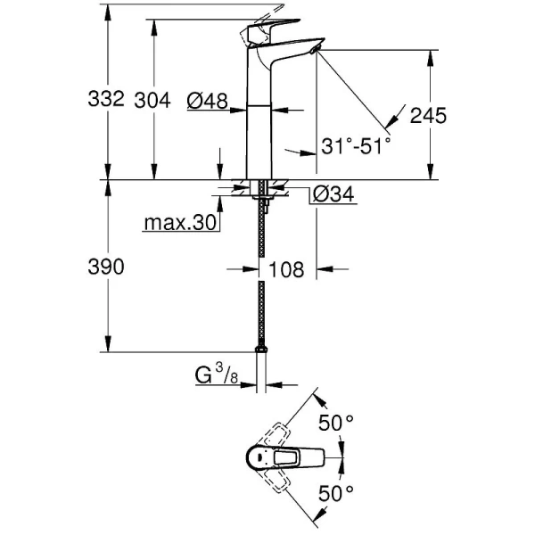 Смеситель для раковины Grohe BauLoop высокий 23764001 (детальная фотография), для раковины