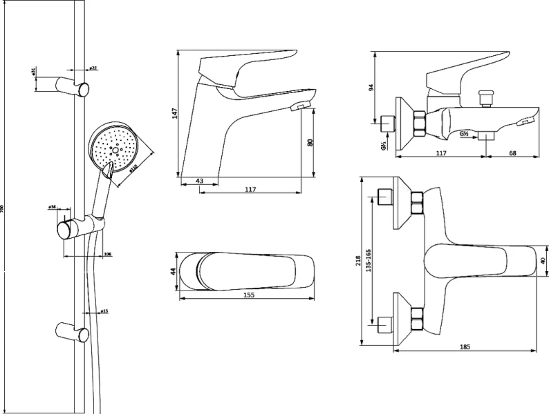 Душевой комплект Damixa Origin Bit хром 409007700 (детальная фотография), душевые комплекты, наборы
