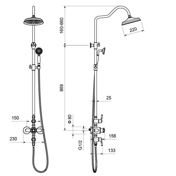 Душевая стойка Акватек Классик черная матовая AQ2563MB (детальная фотография), классические, ретро