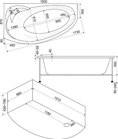 Ванна акриловая Bas Фэнтази, 150 х 88 см, левая/правая, В 00040/В 00041 (детальная фотография), акриловые