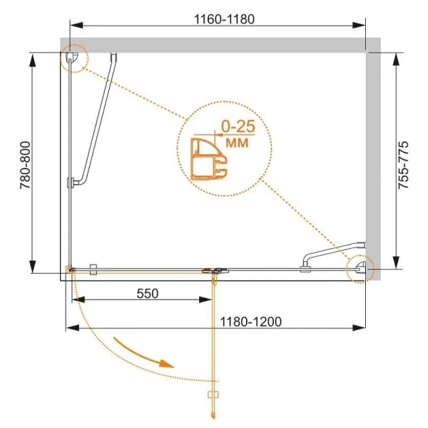 Душевой уголок Cezares Bergamo 120х80 см правый BERGAMO-W-AH-1-120/80-C-Cr-R (детальная фотография), хром