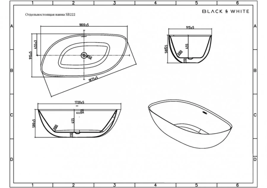 Ванна акриловая Black&White Swan 180x90 см белая 222SB00 (детальная фотография), акриловые