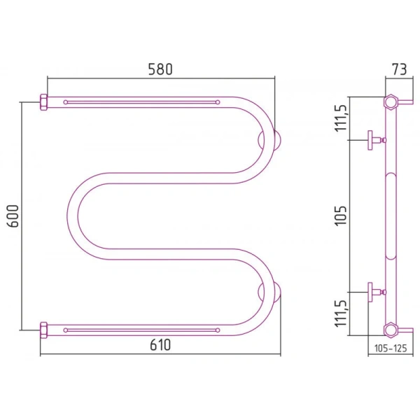 Полотенцесушитель водяной Сунержа М-образный 60x60 см шампань 020-4008-6060 (детальная фотография), современные, hi-tech
