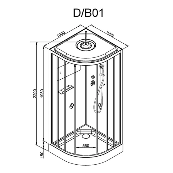 Душевая кабина Deto D 100х100 см с крышей D01S (детальная фотография), полукруглые, четверть круга