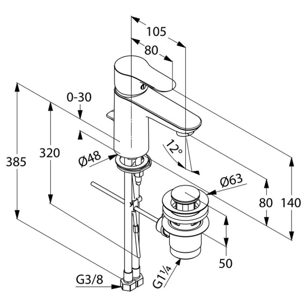 Смеситель для раковины Kludi Objekta с донным клапаном 322330575 (детальная фотография), для раковины