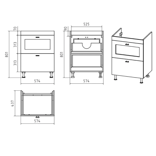 Тумба с раковиной напольная Misty Урал 60 см с ящиками (детальная фотография), в наличии, нет в наличии