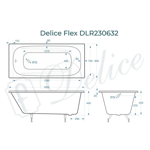 Ванна чугунная Delice Flex DLR230632, 180 х 85 см, без покрытия, без ручек, цвет белый (детальная фотография), чугунные