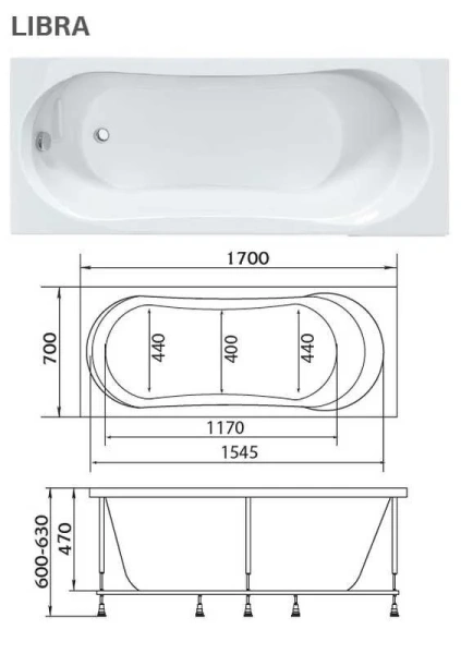 Акриловая ванна 1MarKa Libra 01ли1770, 170 x 70 см, цвет белый (детальная фотография), приставные, встраиваемые