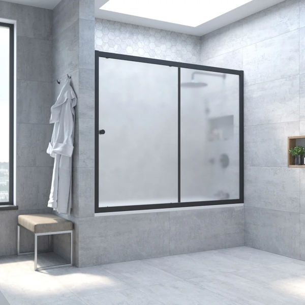 Душевая шторка на ванную профиль черный матовый стекло сатин Vegas-glass ZV NOVO 150 02М 10 (детальная фотография), недорогие