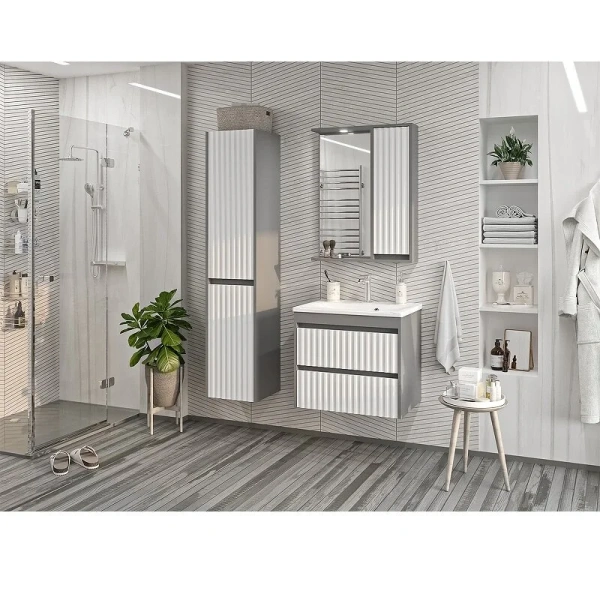 Зеркальный шкаф с подсветкой Brevita Balaton 65 см белый/серый, левый BAL-04065-01-01Л (детальная фотография), недорогo, с подсветкой, с розеткой, левый