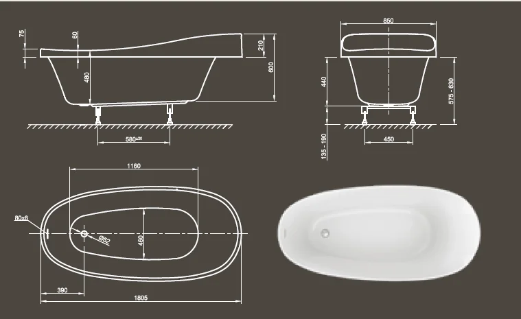 Ванна акриловая Knief Relax Fit 0400-278 180 х 85 см с ножками (детальная фотография), акриловые