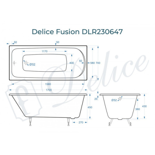 Ванна чугунная Delice Fusion 170х70 см белая DLR230647 (детальная фотография), без гидромассажа, большие