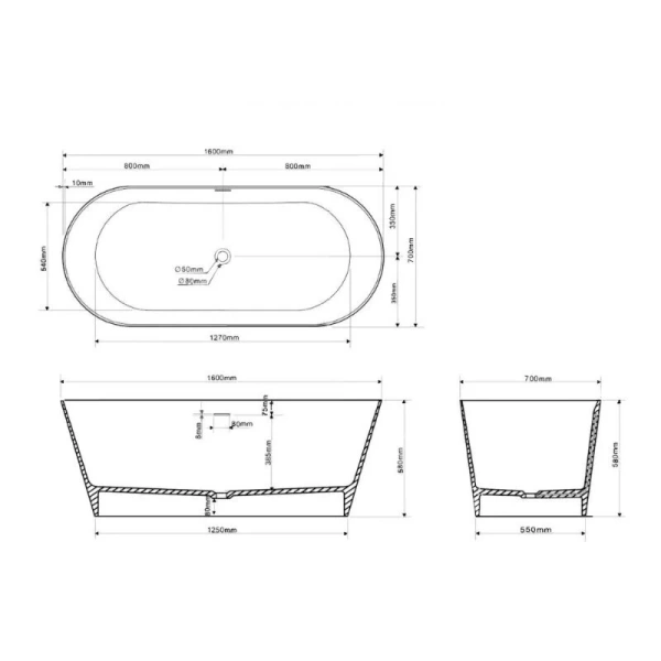 Ванна из искусственного камня Abber Stein 160x70 см белая матовая AS9626 (детальная фотография), искусственный камень