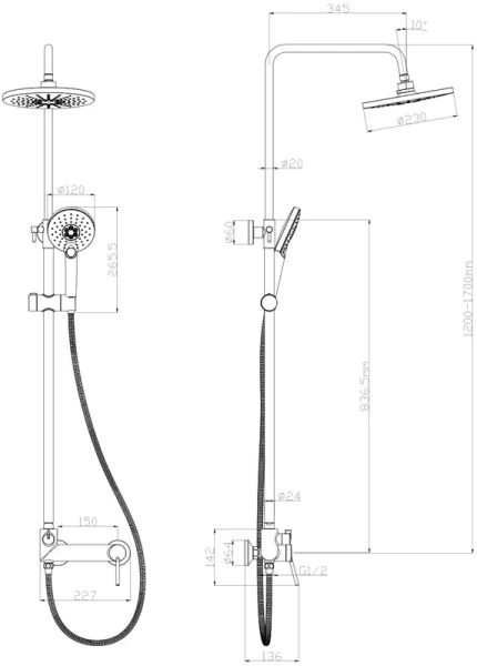 Душевая стойка Lemark Minima с регулируемой высотой штанги LM3860C (детальная фотография), современные, hi-tech