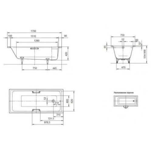 Ванна стальная Kaldewei Puro mod. 652 170x75 см без покрытия 256200010001 (детальная фотография), 170x75 см
