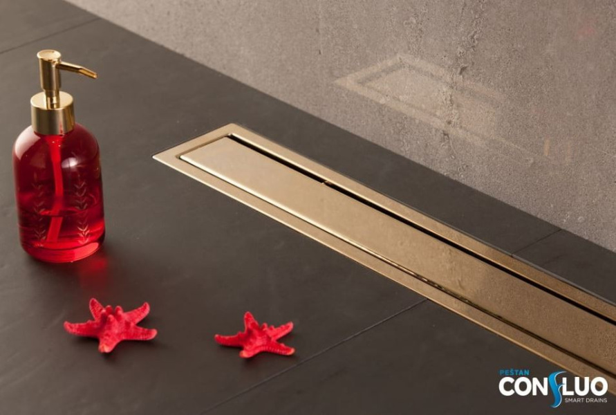 Линейный трап, цвет позолота 24К, двухсторонний, Pestan Confluo Premium Line 850 Gold 13100055 (детальная фотография), стандартные