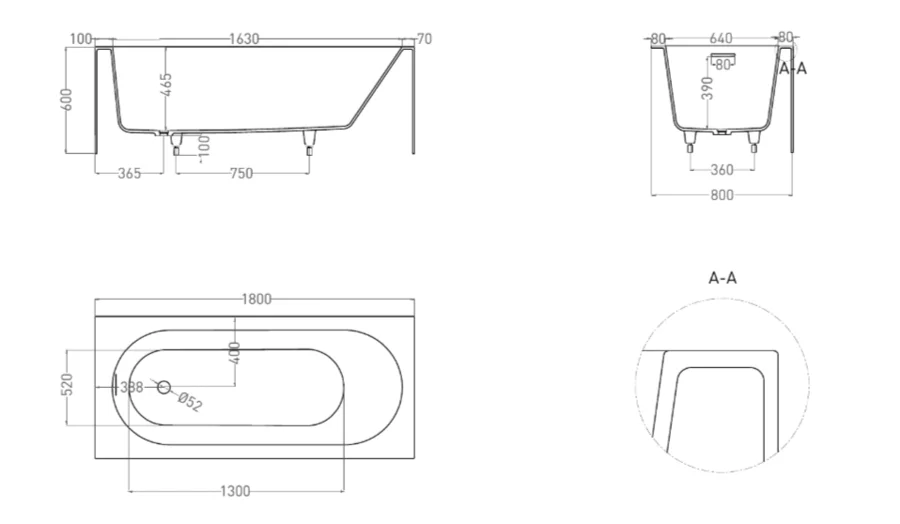 Ванна из искусственного камня Salini Fabia 102612 180x80 см белая (детальная фотография), литьевой мрамор