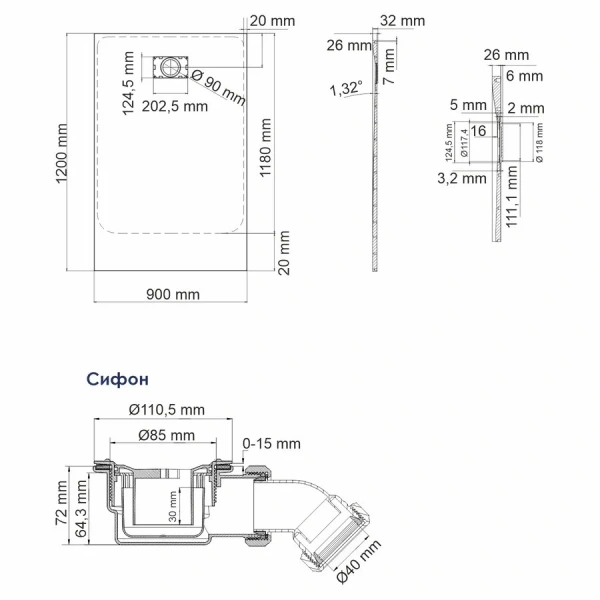 Душевой поддон WasserKRAFT Elbe 120x90 см черный 74T07 (детальная фотография), низкие до 15 см
