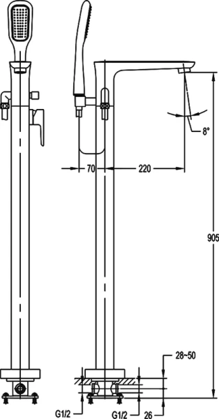 Смеситель для ванны Cezares Tesoro напольный с ручным душем TESORO-F-VDP-01 (детальная фотография), современные, hi-tech