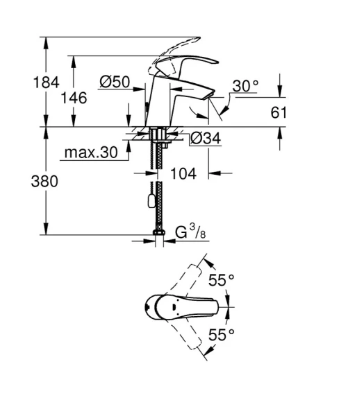 Смеситель для раковины Grohe Eurosmart 33188002 (детальная фотография), для раковины