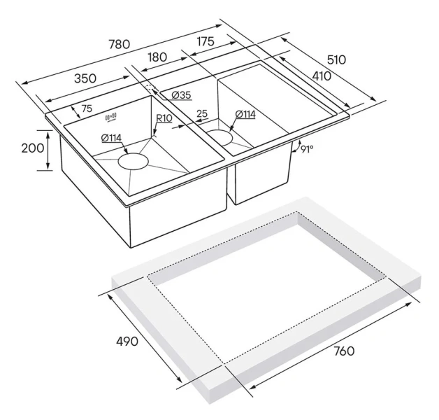 Мойка для кухни Paulmark Liga 78 см брашированное золото, правосторонняя PM227851-BGR (детальная фотография), врезные