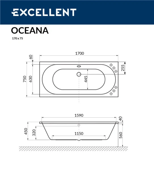 Ванна акриловая Excellent Oceana WAEX.OCE17WH, 170 x 75 см (детальная фотография), приставные, встраиваемые